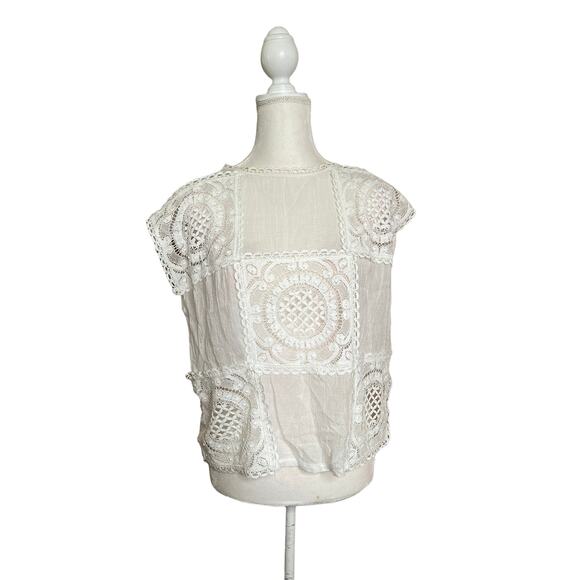 victoria lane Tops - Victoria lane by bonnie aldman women lace crochet ivory white blouse cup sleeve